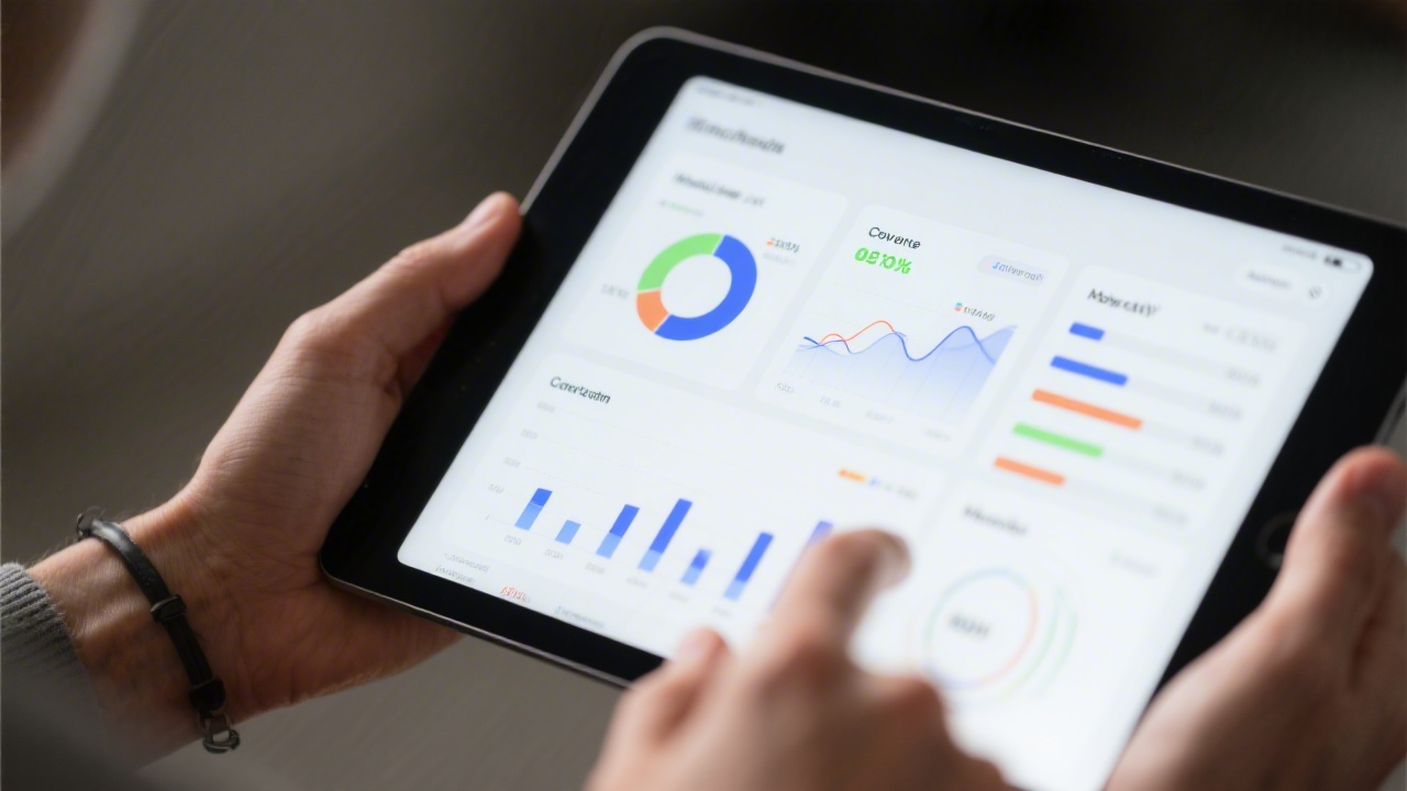 Close-up of hands using a tablet with analytics dashboard and conversion metrics, illustrating results-driven MVP web performance