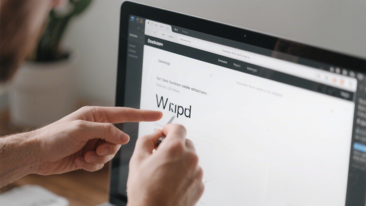 Close-up of a web designer adjusting typography and spacing on a minimalist website layout, showing focus on clean design and clarity