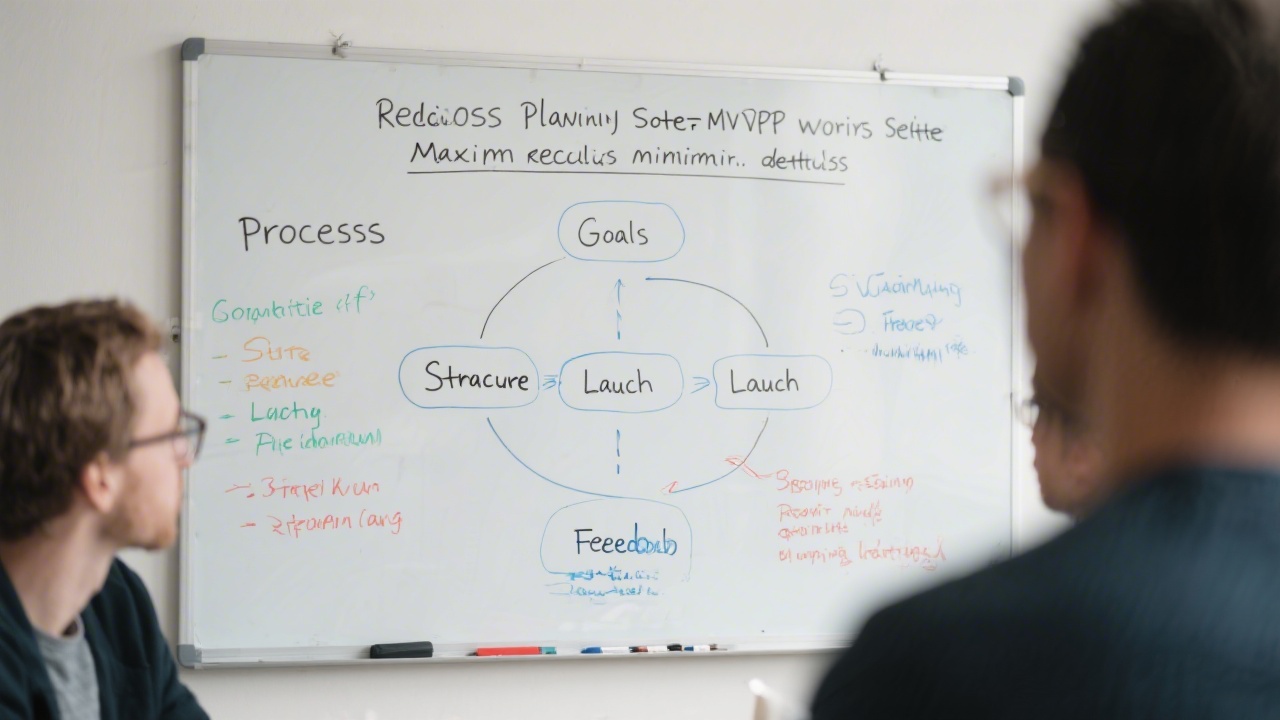 Process diagram on a whiteboard with notes about goals, structure, launch and feedback, showing a realistic planning session for MVP WordPress site