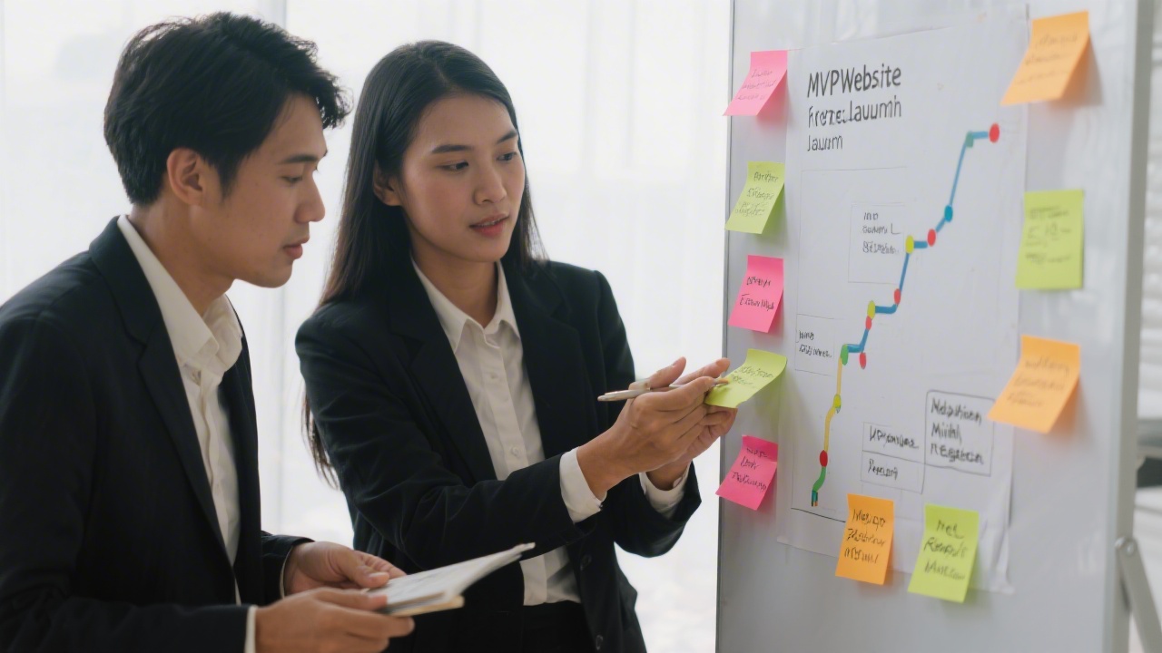 Two professionals planning a website launch with sticky notes and a roadmap, representing structured and realistic project management for MVP websites
